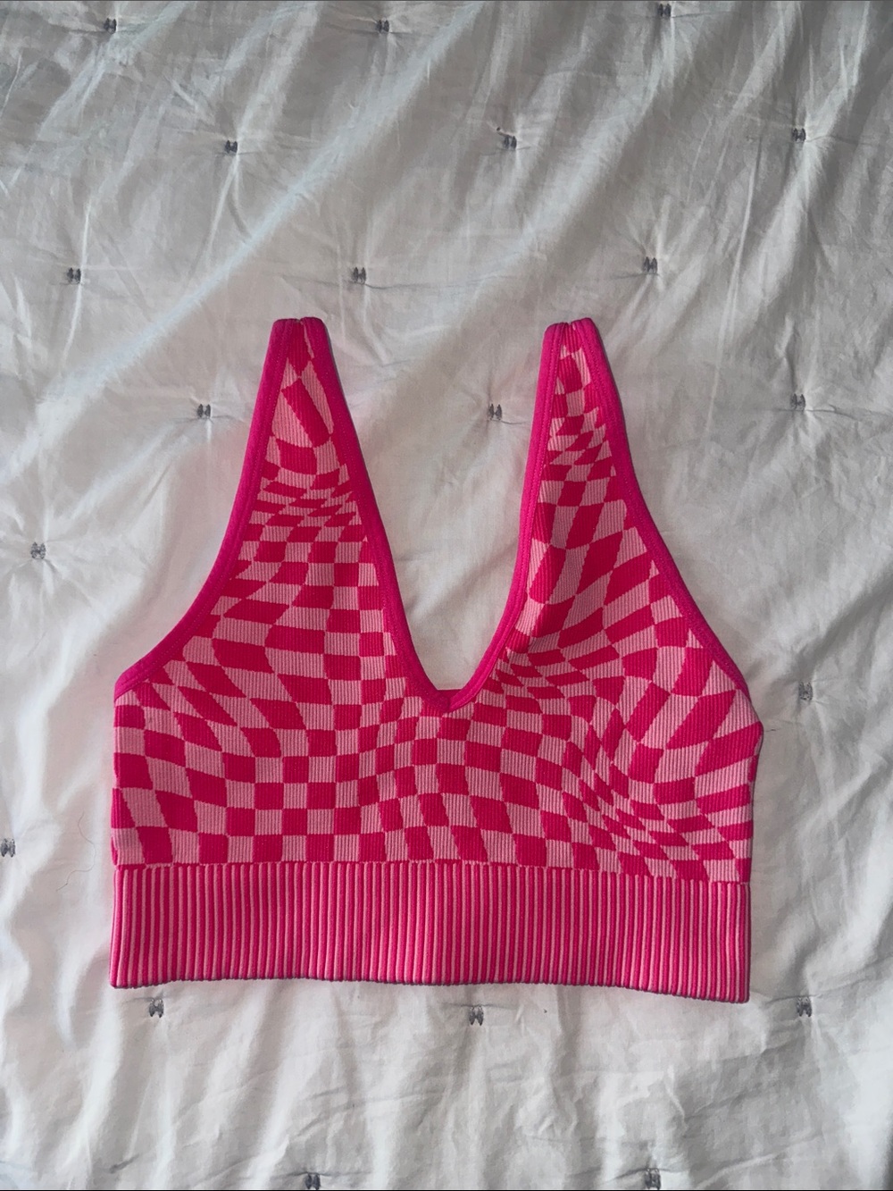 Pink checkered cropped garage tank